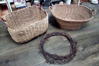 Two Large Baskets - One Metal Reinforced Woven & One Handled Wicker  Grapevine Wreath RC/RevJ/CVBK-B