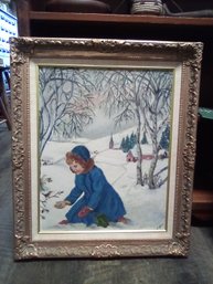 Oil Painting On Board Showing Young Girl In Snowy Setting With Bird Signed In Ornate Frame PD/WA-D