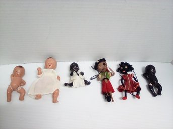 6 Vintage Dolls - Cloth & Flex Wire Pirate & Girl Doll Plus 4 Painted Jointed Clay Or Plaster Dolls JoCo/C3box