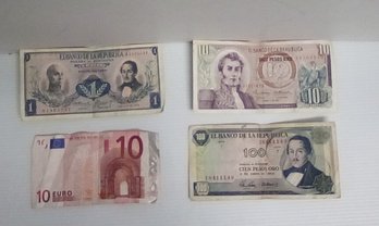 Four Vintage Bank Notes - Three El Banco De La Republica - 100, 10 & 1 Plus One 10 Euro TC/A3