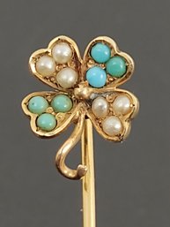 ANTIQUE VICTORIAN 14K GOLD SEED PEARL & TURQUOISE 4 LEAF CLOVER STICK PIN