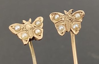 PAIR OF ANTIQUE VICTORIAN 10K GOLD SEED PEARL BUTTERFLY STICK PINS