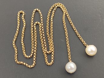 VINTAGE 14K GOLD & PEARL LARIAT STYLE NECKLACE