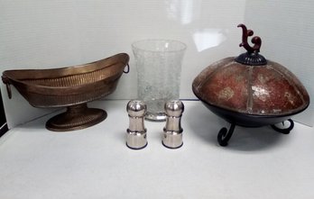 Crackle Glass Candleholder, Stainless S&P, Mottahedeh Brass Pedestal Bowl-India & Artsy Covered Dish RC/E2