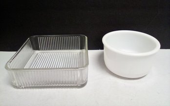 Vintage Refrigerator Ribbed Clear Square Glass Dish & Round Heavy Milk Glass Bowl     PD/E3