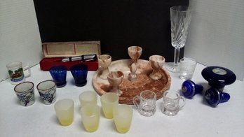 Shot Glasses, Marble Platter & Small Cups, Cork-Ace Cork Extractor, Crystal Flute, Glass Stoppers PD/c3