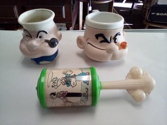 Vintage Popeye Character Rattle, King Features Syndicate, Ceramic Mug & Silicone Cup    CKK/D3