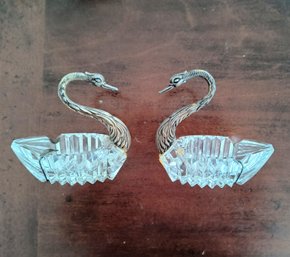 Pair Of Vintage  Crystal And Silver Salt And Pepper Or Sauce Bowls