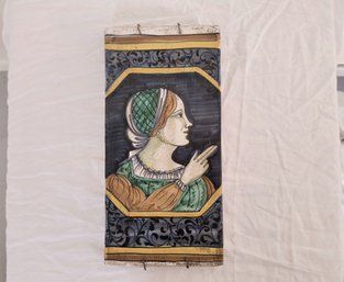 Italian Painted Terracotta Tile With Hanging Wire. One Of Two Similar In This Sale