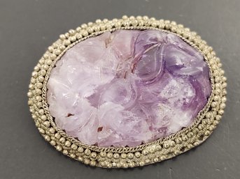 ANTIQUE CHINESE SILVER GILT CARVED AMETHYST BROOCH