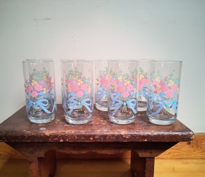 Set Of Eight Vintage Drinking Glasses With Floral Pattern