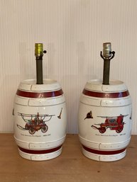 Vintage Pair Of Ceramic Barrel Fire Engine Truck Lamps