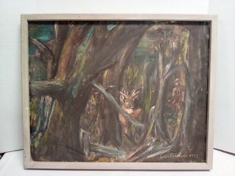 Framed Oil On Canvas Showing Buck & Hunter In Deep Woods Signed By Artist Jean Carrozza 1976 DC/WA-D