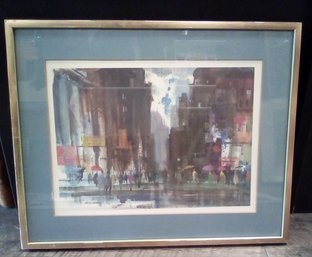 Framed Print Of Rainy City Street With Pedestrian Traffic Showing Artist Name Ralph Avery RC/WAB