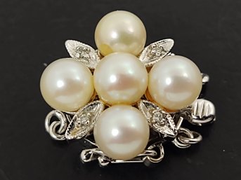 VINTAGE 14K WHITE GOLD PEARL & DIAMOND CLASP FOR A DOUBLE STRAND NECKLACE