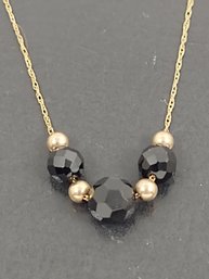 VINTAGE DAINTY 10K GOLD & FACETED ONYX BEADS NECKLACE