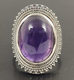 VINTAGE BALI STYLE STERLING SILVER AMETHYST CABOCHON RING