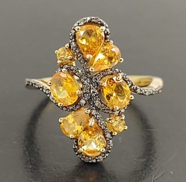 STUNNING GOLD OVER STERLING SILVER CITRINE & DIAMOND RING