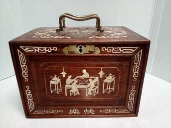 Antique Chinese Mahjong Set & Case With Bone Inlays Along With Brass Hardware   212/D4