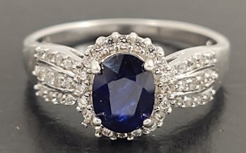 BEAUTIFUL STERLING SILVER BLUE SAPHIRE & WHITE TOPAZ RING