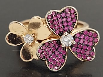 STUNNING ROSE GOLD OVER STERLING SILVER PINK SAPPHIRE & CZ FLOWER RING