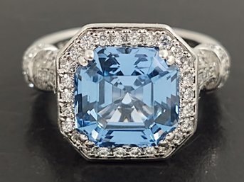 STUNNING STERLING SILVER BLUE TOPAZ & CZ ART DECO STYLE RING