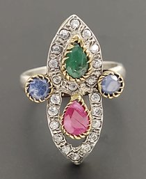 VINTAGE STERLING SILVER & BRASS MULTI GEMSTONE INDIA STYLE RING