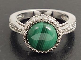 BEAUTIFUL STERLING SILVER MALACHITE CABOCHON & CZ RING