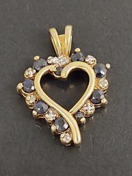 BEAUTIFUL GOLD OVER STERLING SILVER BLUE SAPPHIRE & DIAMOND HEART PENDANT