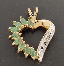 BEAUTIFUL GOLD OVER STERLING SILVER EMERALD & DIAMOND HEART PENDANT