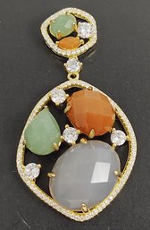 BEAUTIFUL GOLD OVER STERLING SILVER FACETED JADE CARNELIAN MOONSTONE & CZ PENDANT