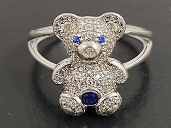 CUTE STERLING SILVER BLUE TOPAZ & CZ TEDDY BEAR RING