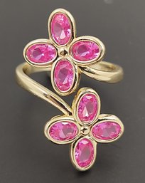 BEAUTIFUL GOLD OVER STERLING SILVER PINK SAPPHIRE FLOWER BYPASS RING