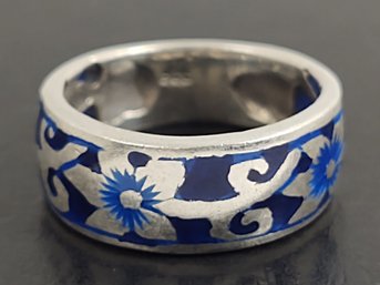 VINTAGE STERLING SILVER ENAMEL PLIQUE A JOUR STYLE FLOWER RING