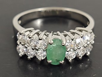 BEAUTIFUL STERLING SILVER EMERALD & CZ RING