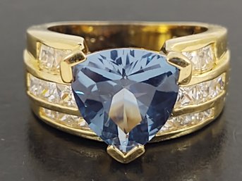 STUNNING GOLD OVER STERLING SILVER BLUE SPINEL & CZ RING