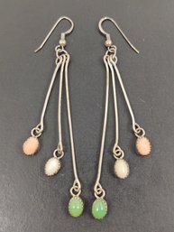 VINTAGE NAVAJO NATIVE AMERICAN STERLING SILVER MULTI STONE DANGLE EARRINGS