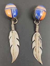 VINTAGE SIGNED NAVAJO NATIVE AMERICAN STERLING SIVLER MULTI STONE FEATHER EARRINGS