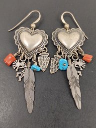 VINTAGE NATIVE AMERICAN STERLING SILVER TURQUOISE CORAL KOKOPELLI HEART EARRINGS