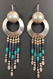 VINTAGE NATIVE AMERICAN STERLING SILVER LAPIS & TURQUOISE DANGLE EARRINGS