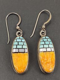 VINTAGE SOUTHWESTERN STYLE STERLING SILVER MULTI STONE INLAY EARRINGS