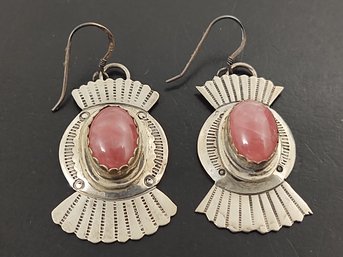 VINTAGE NATIVE AMERICAN STERLING SILVER ROSE QUARTZ EARRINGS