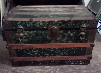 Vintage Steamer Trunk With Newer Side Handles & Half Recessed Metal Wheels Underneath KD/sR