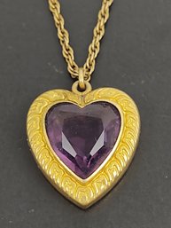 ANTIQUE GOLD FILLED PURPLE GLASS HEART NECKLACE