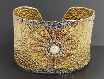 STUNNING HIGH END WIDE GOLD OVER STERLING SILVER CRYSTAL & PEARL CUFF BRACELET