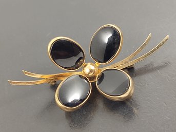 VINTAGE DESIGNER BAL RON GOLD FILLED ONYX FLOWER BROOCH