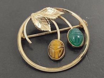 VINTAGE DESIGNER VAN DELL GOLD FILLED CHRYSOPRASE & TIGERS EYE SCARAB BROOCH