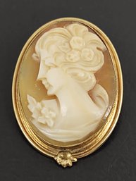 VINTAGE DESIGNER SIGNED A.C. GOLD FILLED CARVED SHELL CAMEO BROOCH