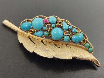 VINTAGE DEISGNER CAPRI FAUX TURQUOISE LEAF BROOCH