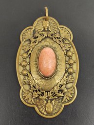 STUNNING LARGE BRASS & FAUX CORAL CABOCHON EGYPTIAN REVIVAL PENDANT